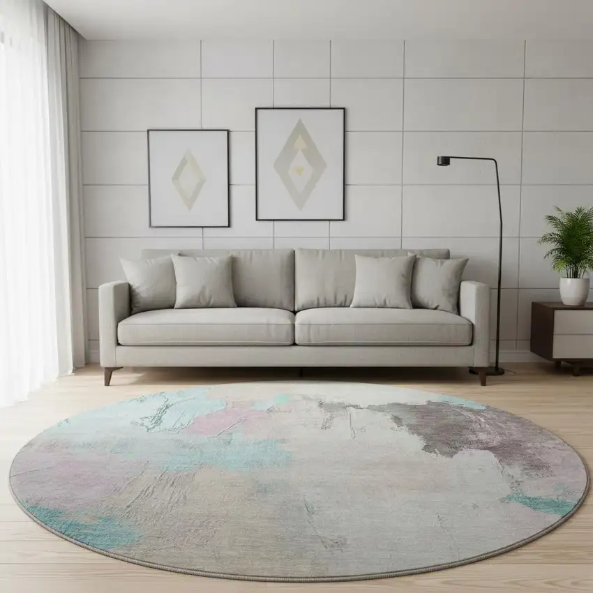 8' Teal Beige And Gray Abstract Washable Round Rug With UV Protection Photo 2