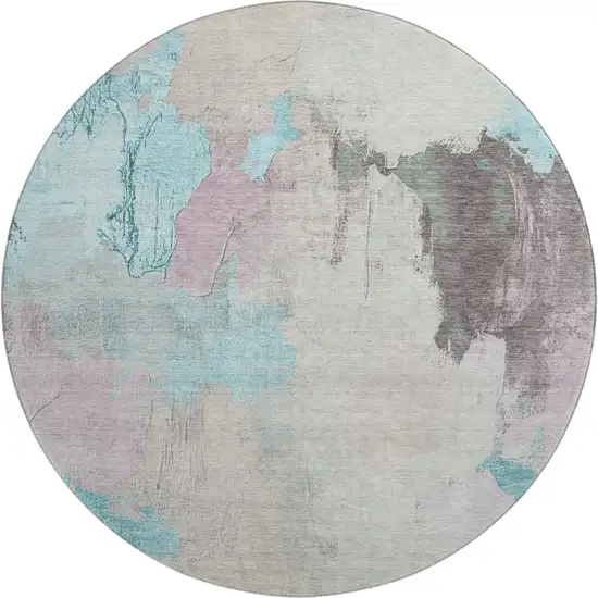 8' Teal Beige And Gray Abstract Washable Round Rug With UV Protection Photo 1
