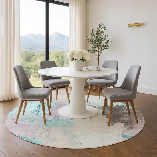 8' Teal Beige And Gray Abstract Washable Round Rug With UV Protection Photo 5