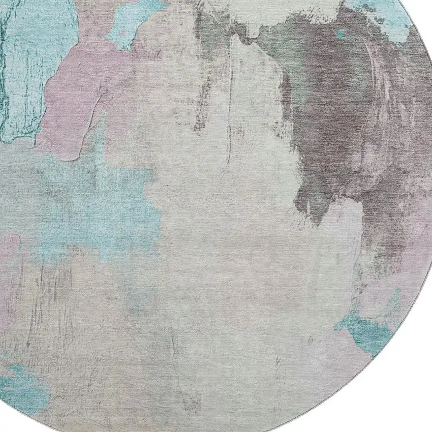 8' Teal Beige And Gray Abstract Washable Round Rug With UV Protection Photo 3