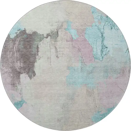8' Teal Beige And Gray Abstract Washable Round Rug With UV Protection Photo 4