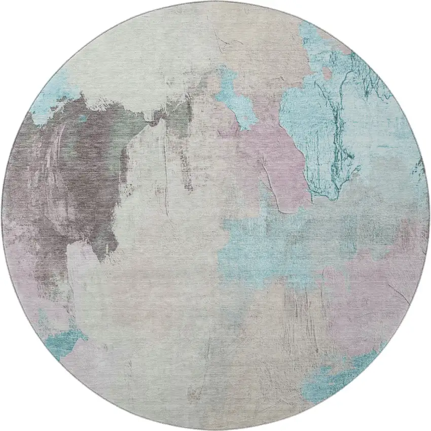 8' Teal Beige And Gray Abstract Washable Round Rug With UV Protection Photo 4