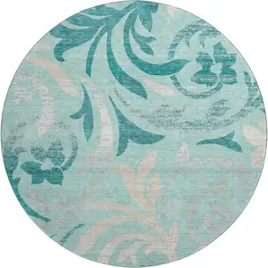 Photo of 8' Teal Beige And Gray Floral Washable Round Rug With UV Protection