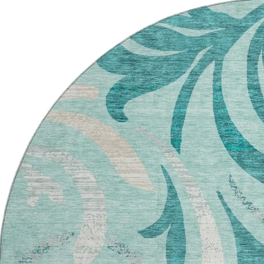 8' Teal Beige And Gray Floral Washable Round Rug With UV Protection Photo 4
