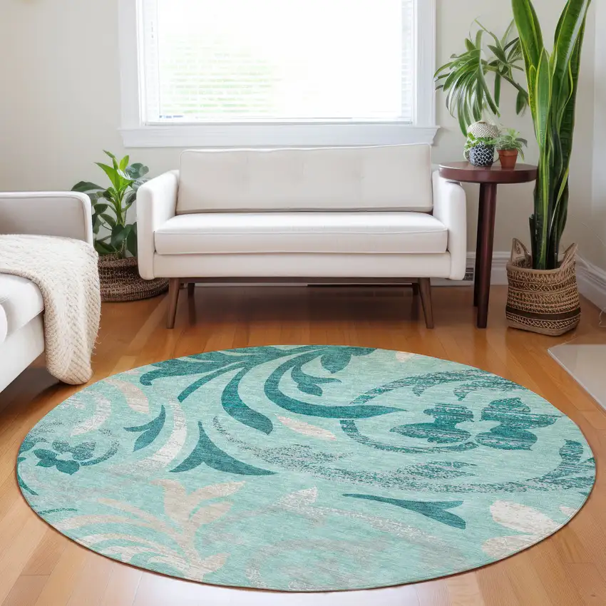 8' Teal Beige And Gray Floral Washable Round Rug With UV Protection Photo 5
