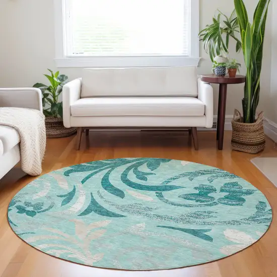 8' Teal Beige And Gray Floral Washable Round Rug With UV Protection Photo 5