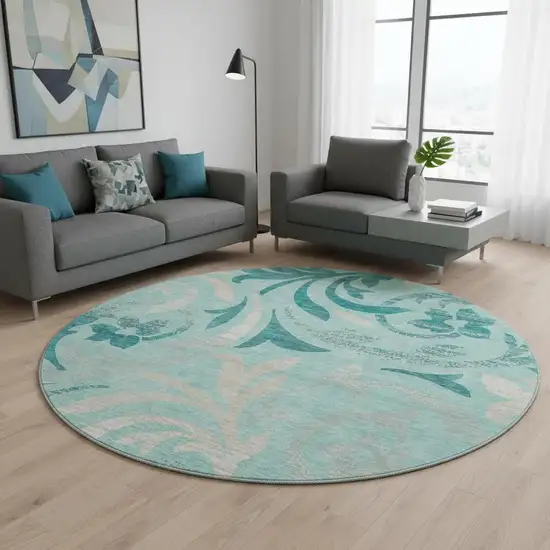 8' Teal Beige And Gray Floral Washable Round Rug With UV Protection Photo 2