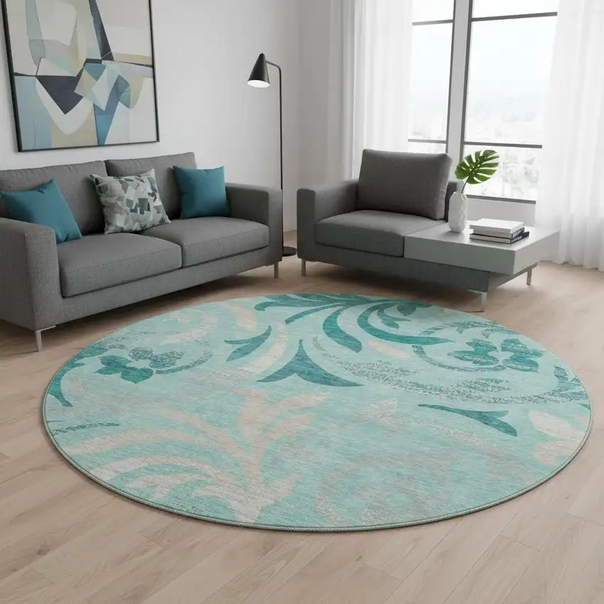 8' Teal Beige And Gray Floral Washable Round Rug With UV Protection Photo 2