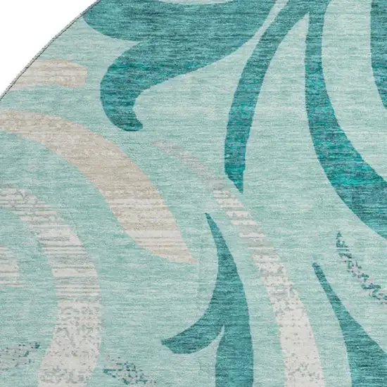 8' Teal Beige And Gray Floral Washable Round Rug With UV Protection Photo 3