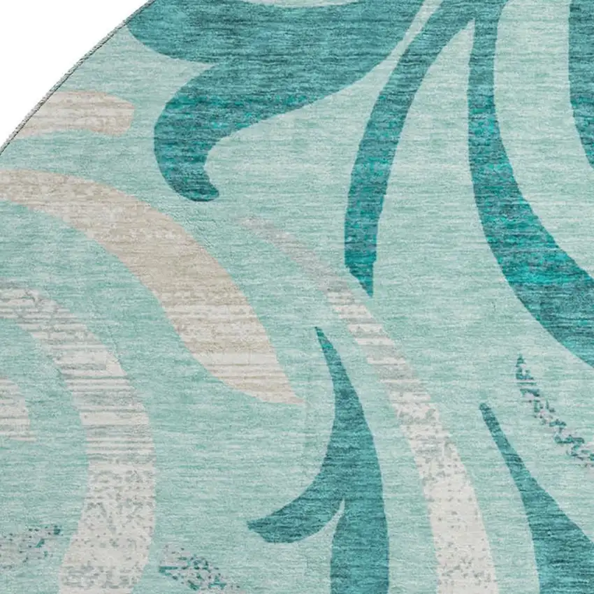 8' Teal Beige And Gray Floral Washable Round Rug With UV Protection Photo 3