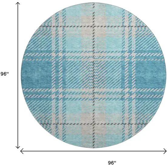 8' Teal Beige And Gray Plaid Washable Round Rug With UV Protection Photo 9