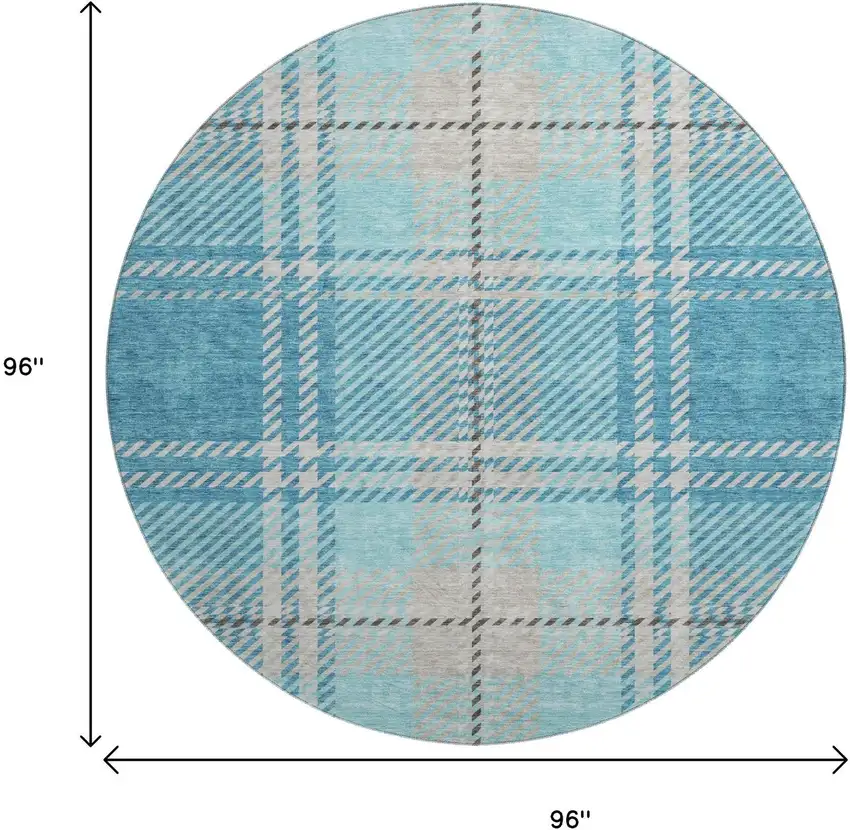 8' Teal Beige And Gray Plaid Washable Round Rug With UV Protection Photo 9