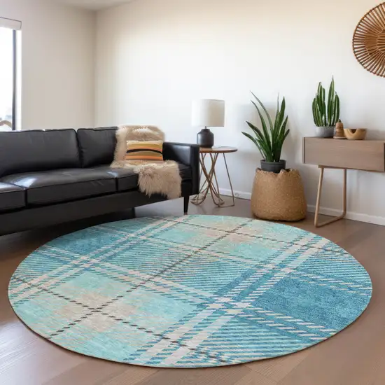 8' Teal Beige And Gray Plaid Washable Round Rug With UV Protection Photo 4