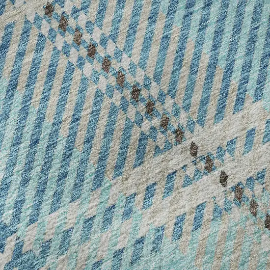 8' Teal Beige And Gray Plaid Washable Round Rug With UV Protection Photo 8