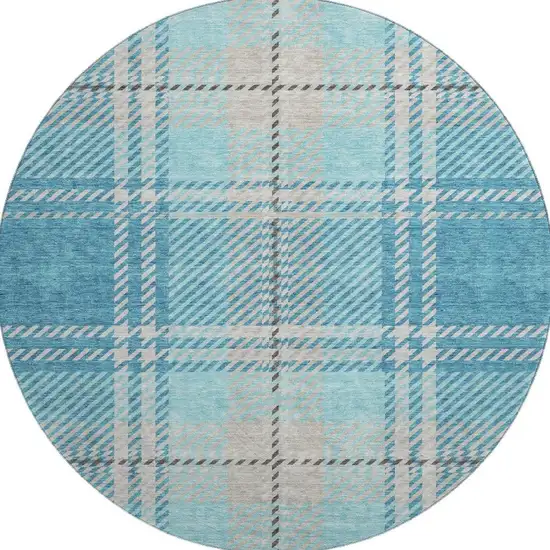 8' Teal Beige And Gray Plaid Washable Round Rug With UV Protection Photo 3