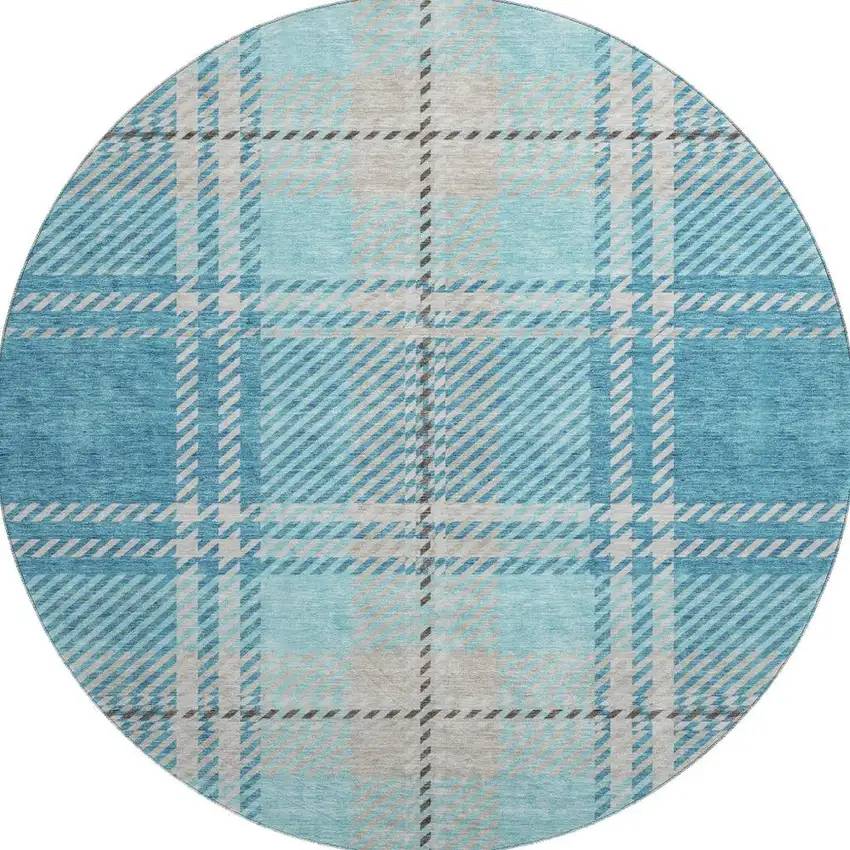 8' Teal Beige And Gray Plaid Washable Round Rug With UV Protection Photo 3