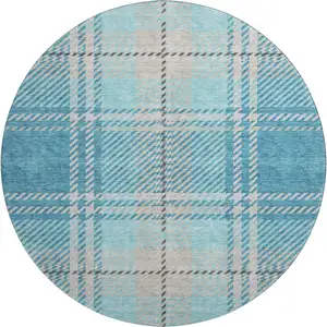 Photo of 8' Teal Beige And Gray Plaid Washable Round Rug With UV Protection