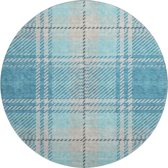 8' Teal Beige And Gray Plaid Washable Round Rug With UV Protection Photo 1