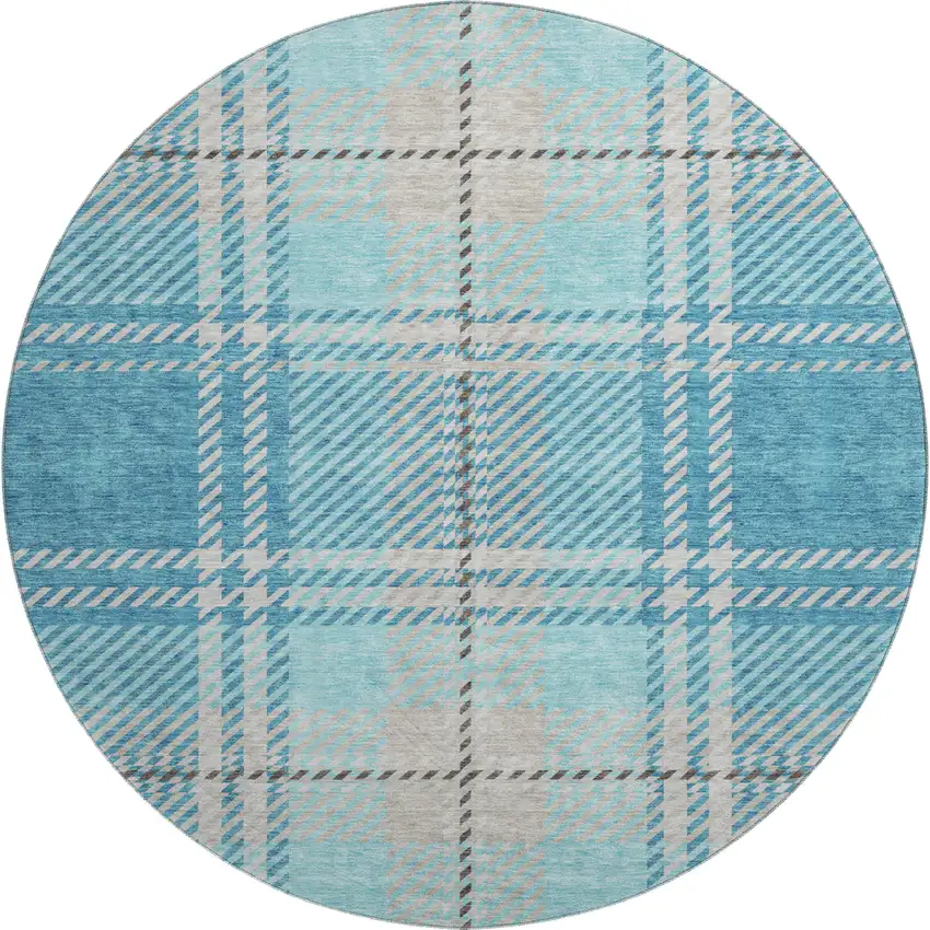 8' Teal Beige And Gray Plaid Washable Round Rug With UV Protection Photo 1