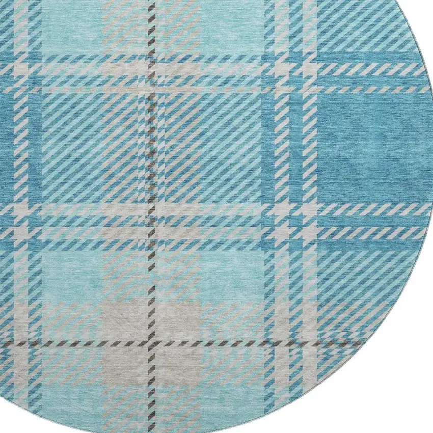 8' Teal Beige And Gray Plaid Washable Round Rug With UV Protection Photo 2