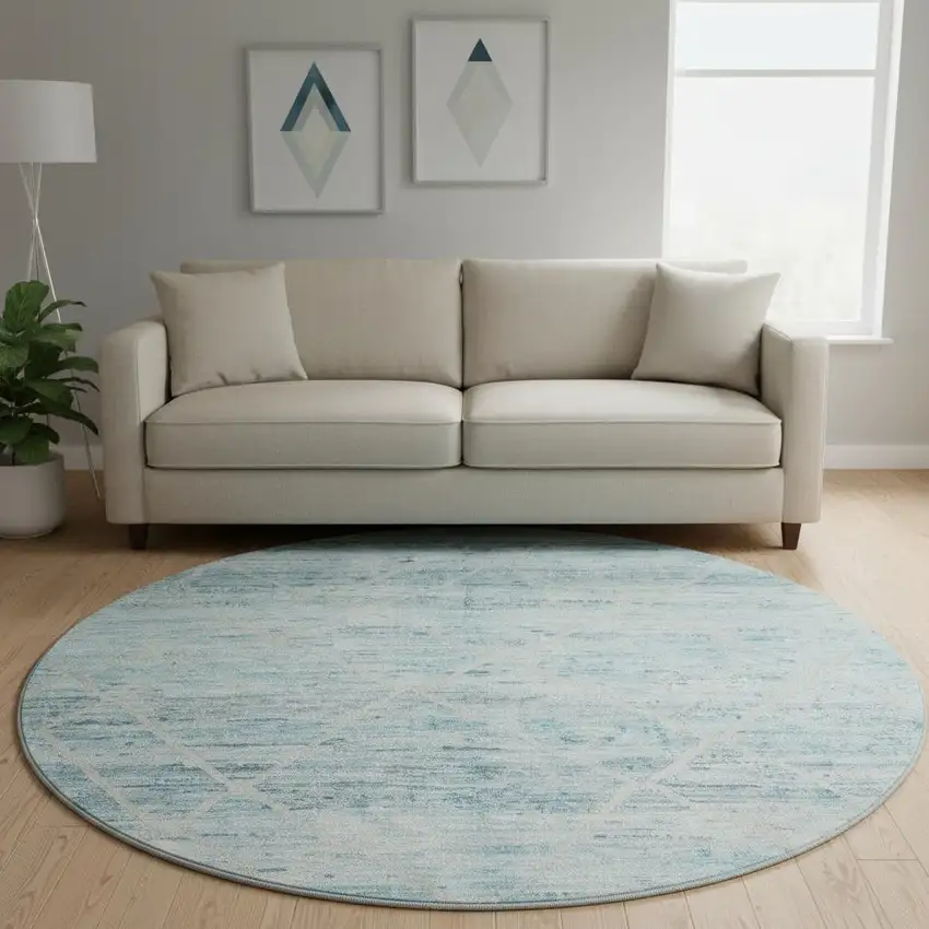 8' Teal Beige And Ivory Abstract Geometric Washable Round Rug With UV Protection Photo 2