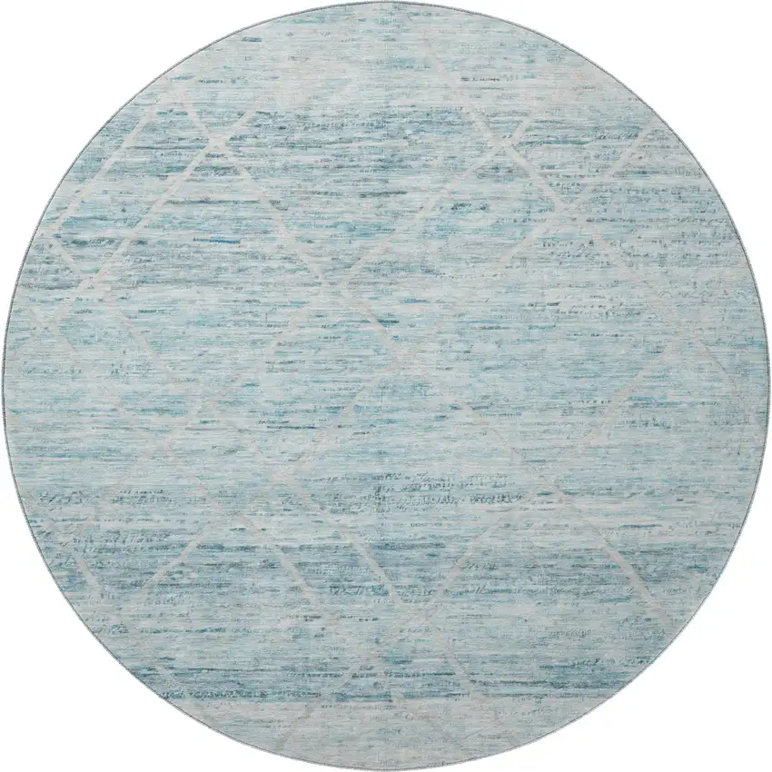 8' Teal Beige And Ivory Abstract Geometric Washable Round Rug With UV Protection Photo 2