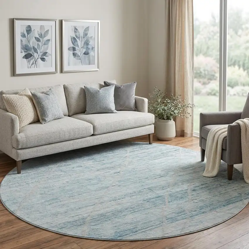 8' Teal Beige And Ivory Abstract Geometric Washable Round Rug With UV Protection Photo 1