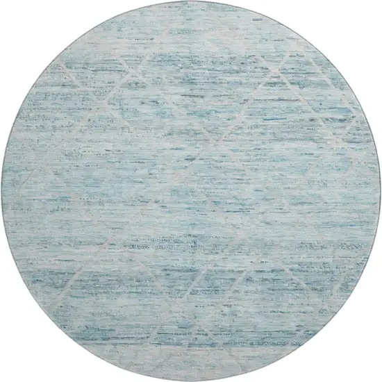 8' Teal Beige And Ivory Abstract Geometric Washable Round Rug With UV Protection Photo 1