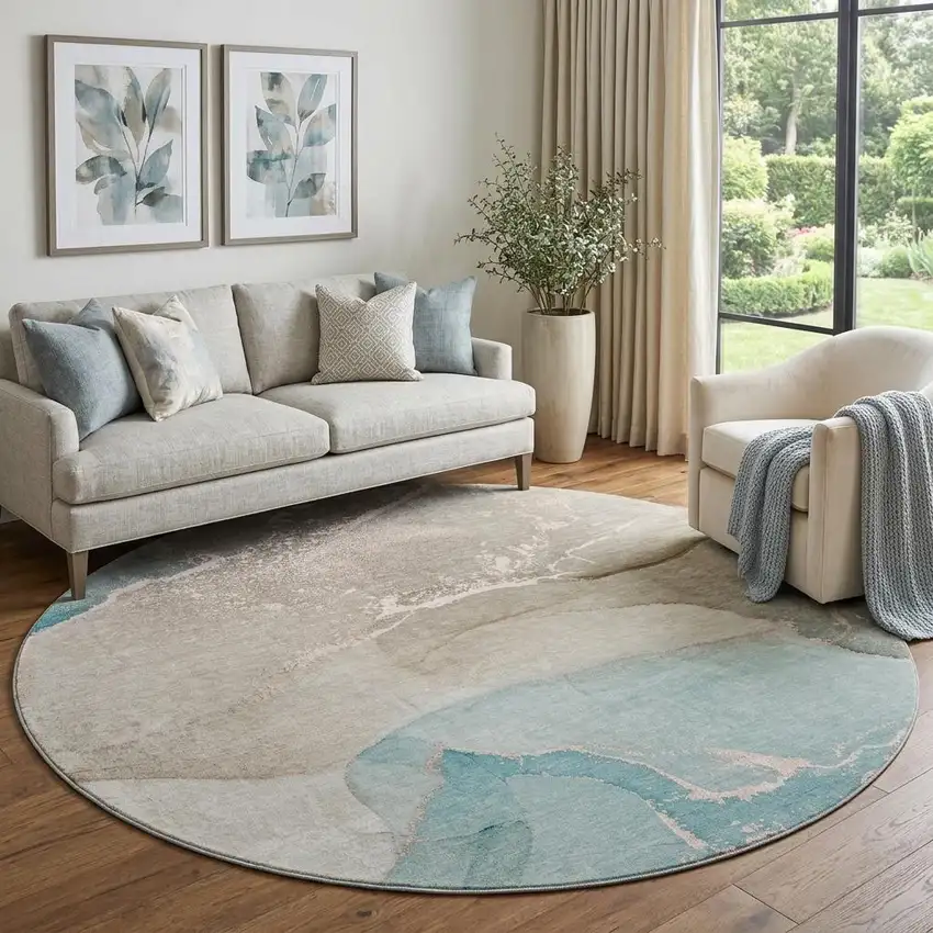 8' Teal Beige And Ivory Abstract Washable Round Rug With UV Protection Photo 1