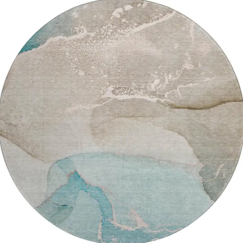 8' Teal Beige And Ivory Abstract Washable Round Rug With UV Protection Photo 3