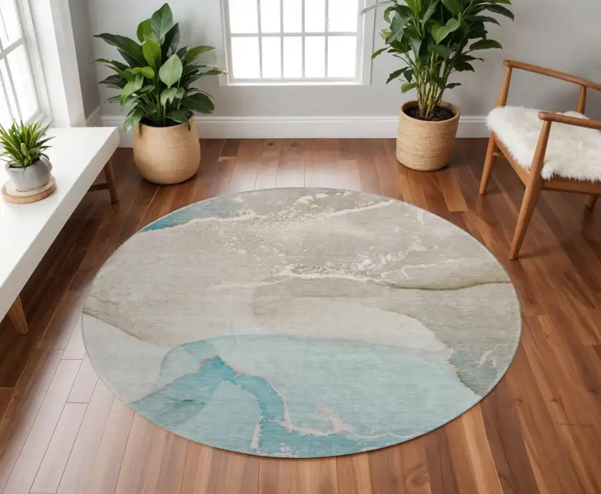 8' Teal Beige And Ivory Abstract Washable Round Rug With UV Protection Photo 2