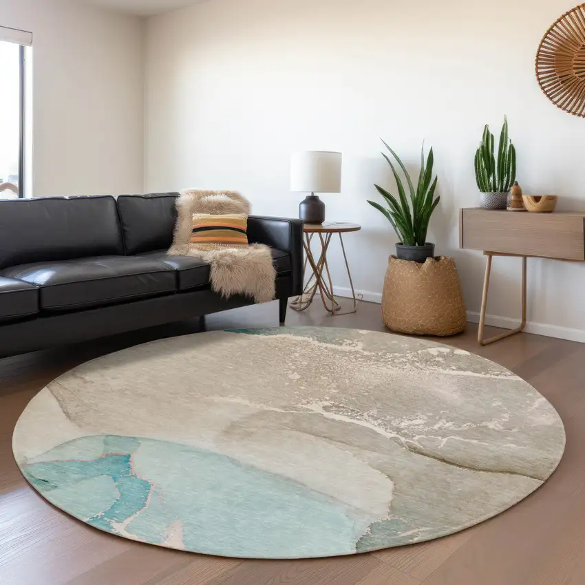 8' Teal Beige And Ivory Abstract Washable Round Rug With UV Protection Photo 5