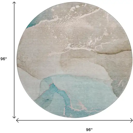 8' Teal Beige And Ivory Abstract Washable Round Rug With UV Protection Photo 9