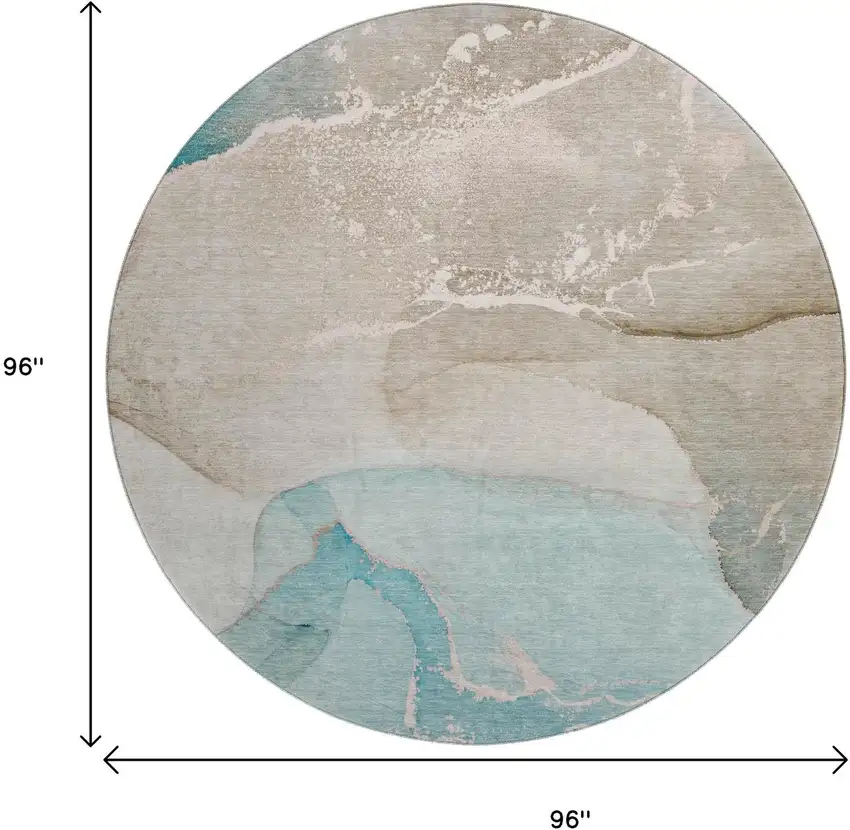 8' Teal Beige And Ivory Abstract Washable Round Rug With UV Protection Photo 9
