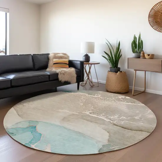 8' Teal Beige And Ivory Abstract Washable Round Rug With UV Protection Photo 4