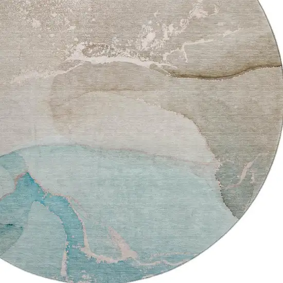 8' Teal Beige And Ivory Abstract Washable Round Rug With UV Protection Photo 3