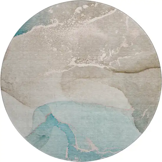 8' Teal Beige And Ivory Abstract Washable Round Rug With UV Protection Photo 2