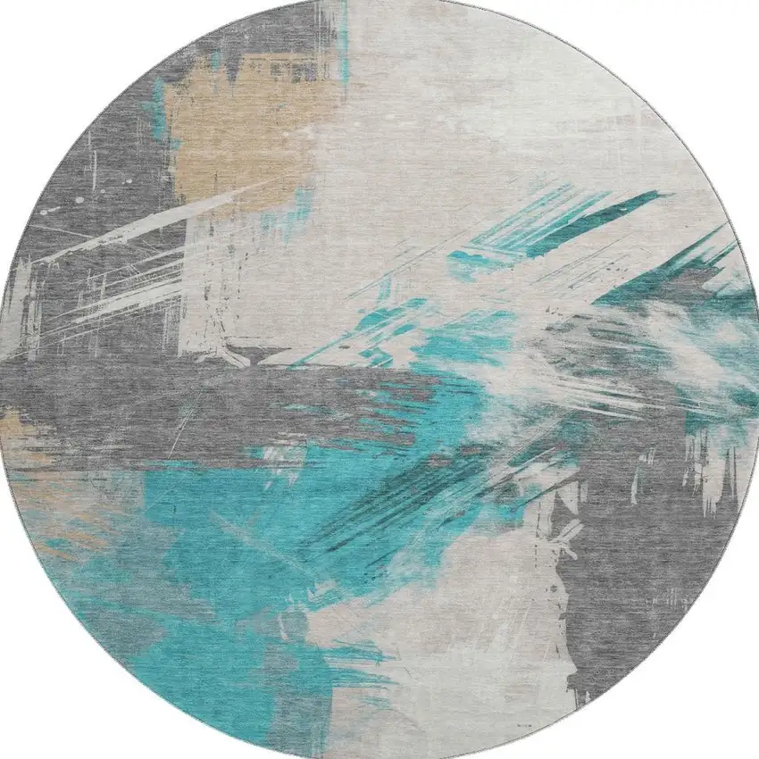 8' Teal Beige And Ivory Abstract Washable Round Rug With UV Protection Photo 2