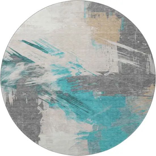 8' Teal Beige And Ivory Abstract Washable Round Rug With UV Protection Photo 3