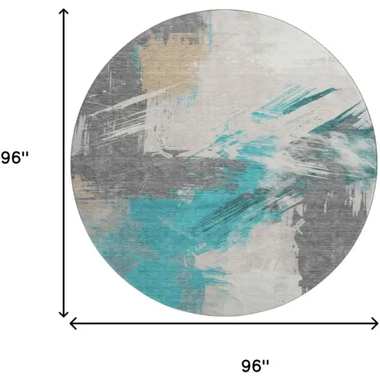 8' Teal Beige And Ivory Abstract Washable Round Rug With UV Protection Photo 9