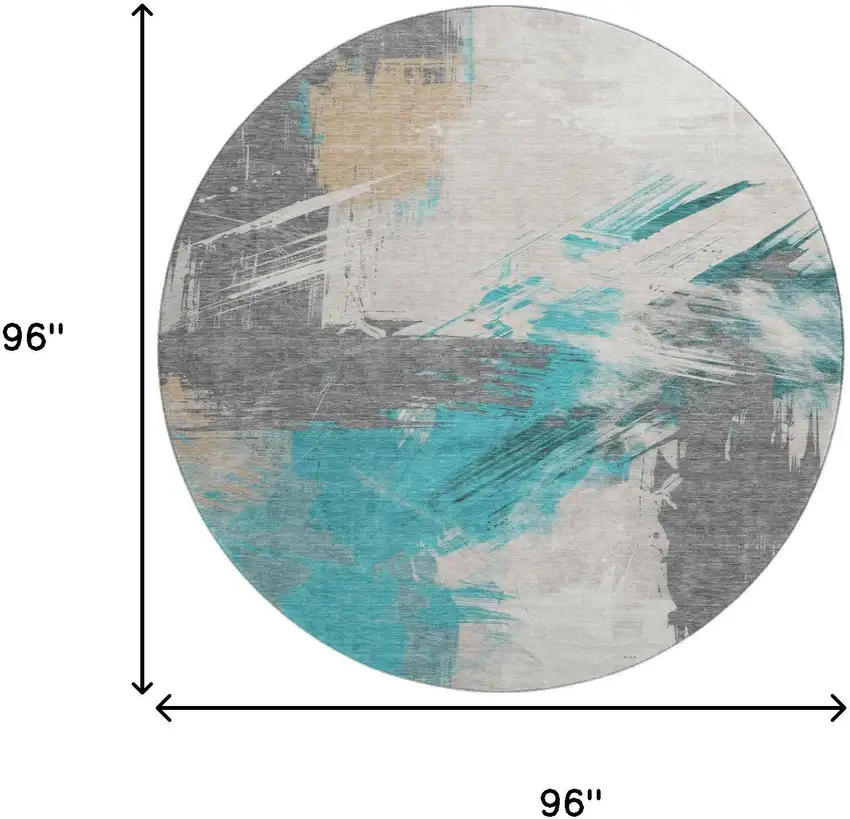 8' Teal Beige And Ivory Abstract Washable Round Rug With UV Protection Photo 9