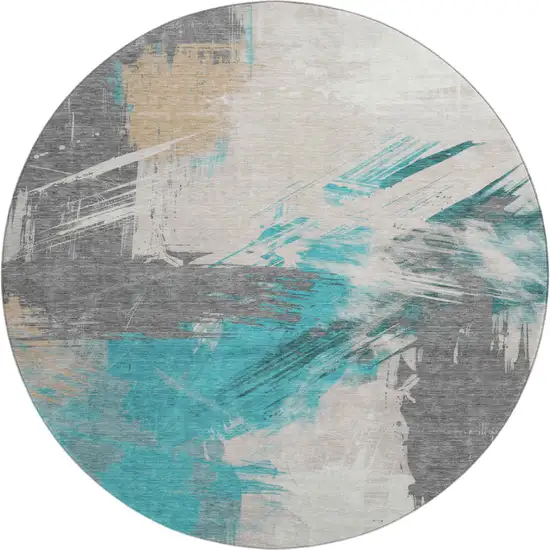 8' Teal Beige And Ivory Abstract Washable Round Rug With UV Protection Photo 1