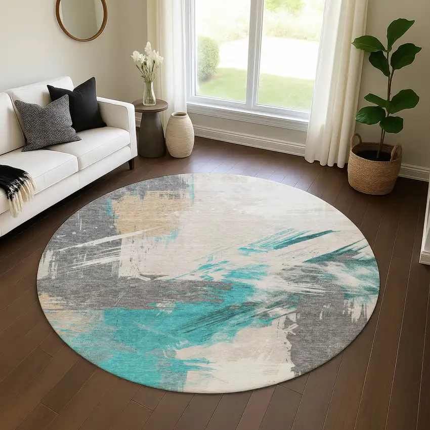 8' Teal Beige And Ivory Abstract Washable Round Rug With UV Protection Photo 4