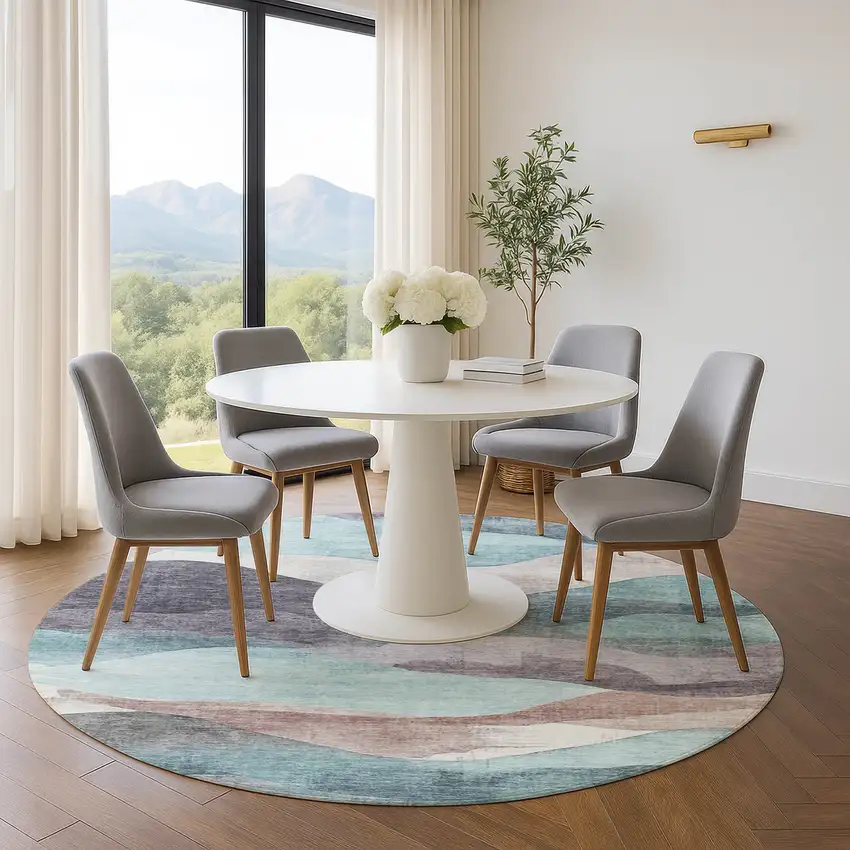 8' Teal Beige And Ivory Abstract Washable Round Rug With UV Protection Photo 5