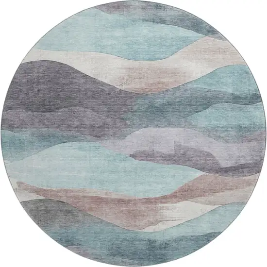8' Teal Beige And Ivory Abstract Washable Round Rug With UV Protection Photo 1