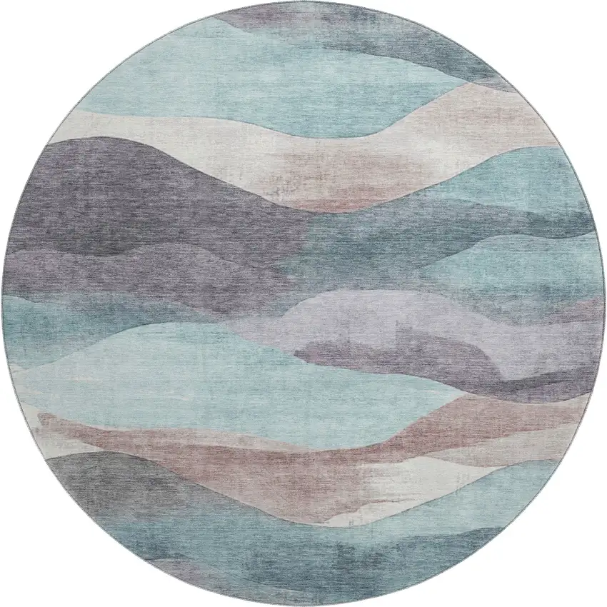8' Teal Beige And Ivory Abstract Washable Round Rug With UV Protection Photo 1