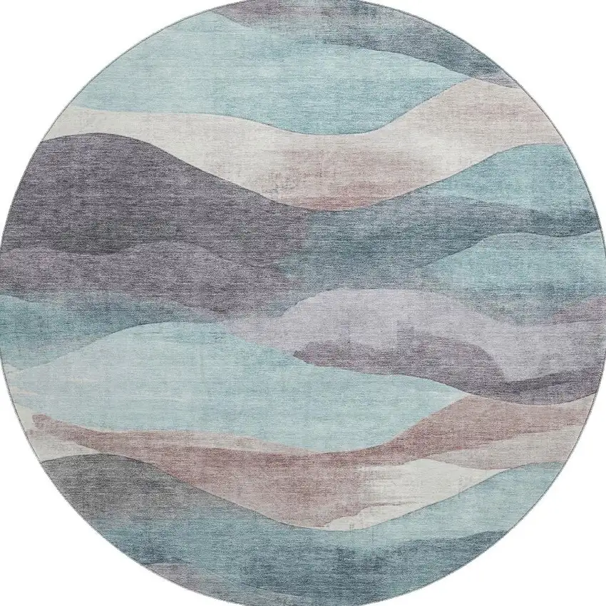 8' Teal Beige And Ivory Abstract Washable Round Rug With UV Protection Photo 3