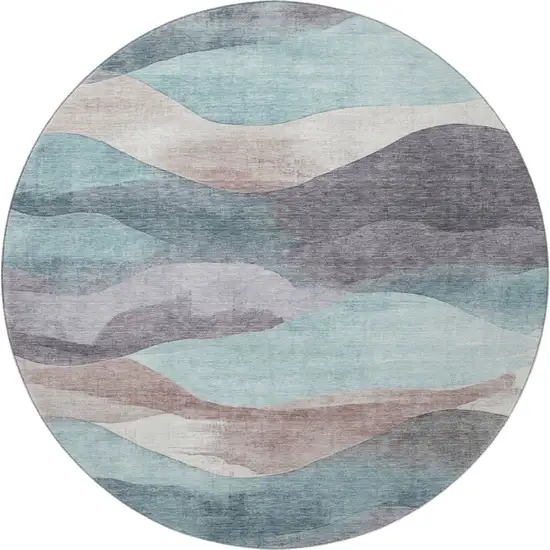 8' Teal Beige And Ivory Abstract Washable Round Rug With UV Protection Photo 4