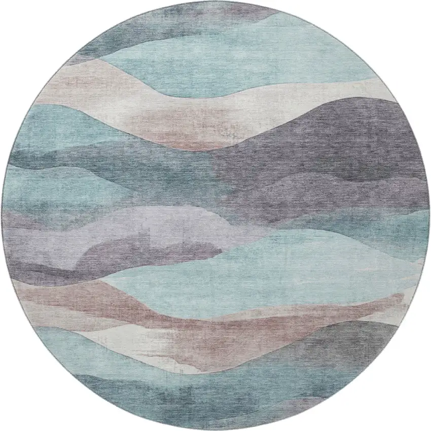 8' Teal Beige And Ivory Abstract Washable Round Rug With UV Protection Photo 4