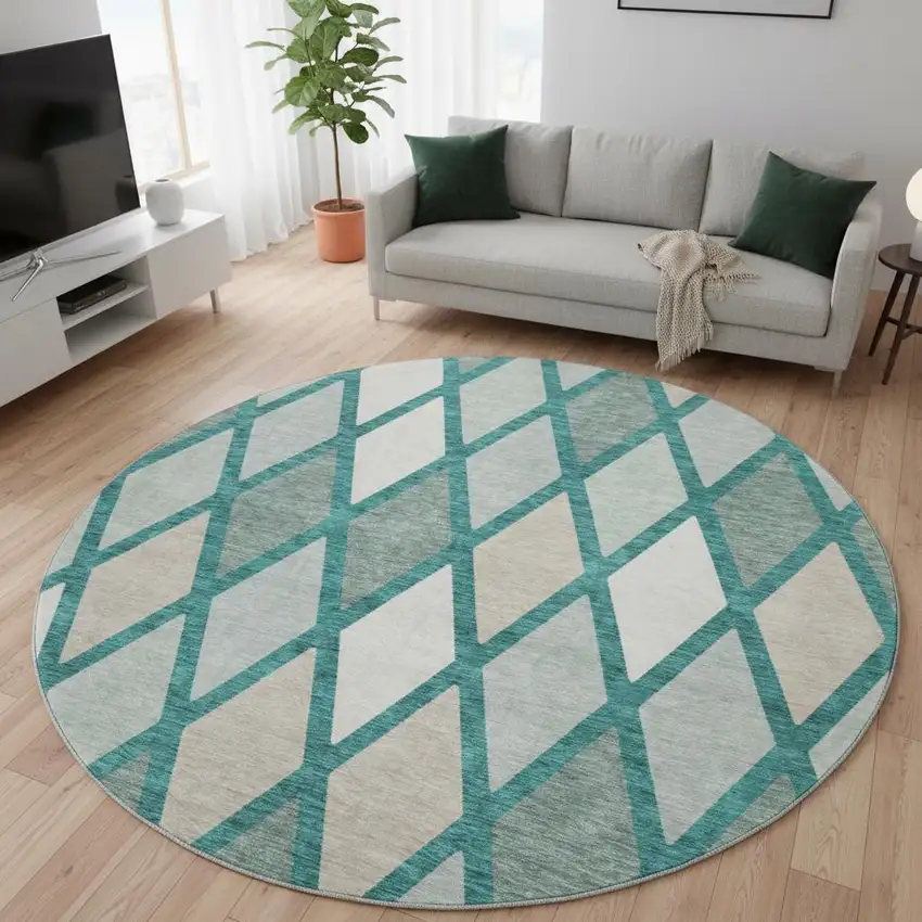 8' Teal Beige And Ivory Geometric Washable Round Rug With UV Protection Photo 2